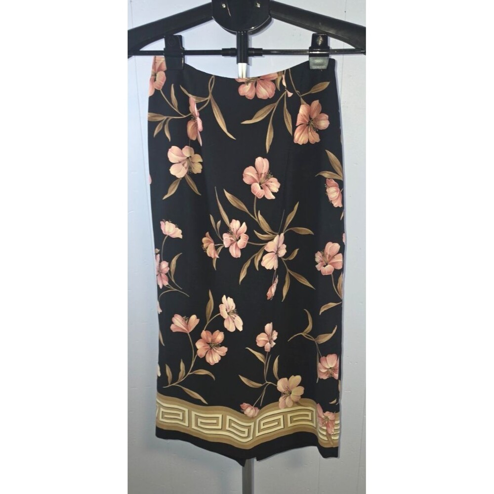 IN Studio Black Pink Brown Floral Size Petite Small PS Skirt Mid Length